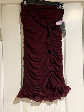 wild fable Burgundy Ruched Midi Dress with Ruffle Detail